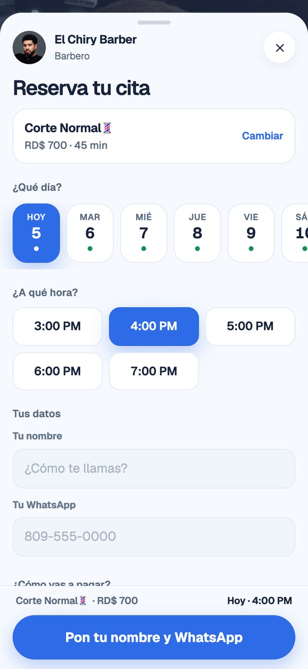 Pantalla para escoger el día y la hora
